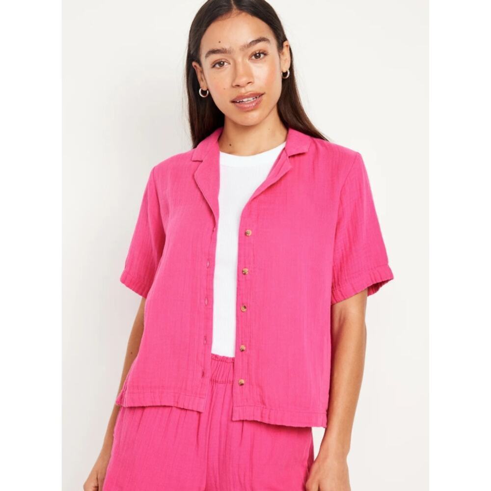 Old Navy Women's Short-Sleeve Relaxed Cotton Gauze Button-Down Top Size XL Pink